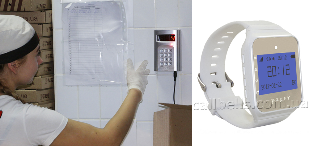 Повар набирает на клавиатуре кухонного передатчика R-910 номер пейджера-часов официанта, заказ которого готов Повар набирает на клавиатуре кухонного передатчика R-910 номер пейджера-часов официанта, заказ которого готов